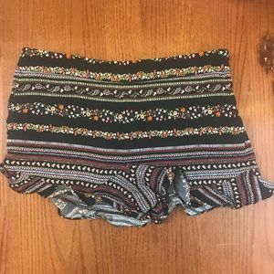 LOFT Black Floral Print Ruffle Shorts with Pockets